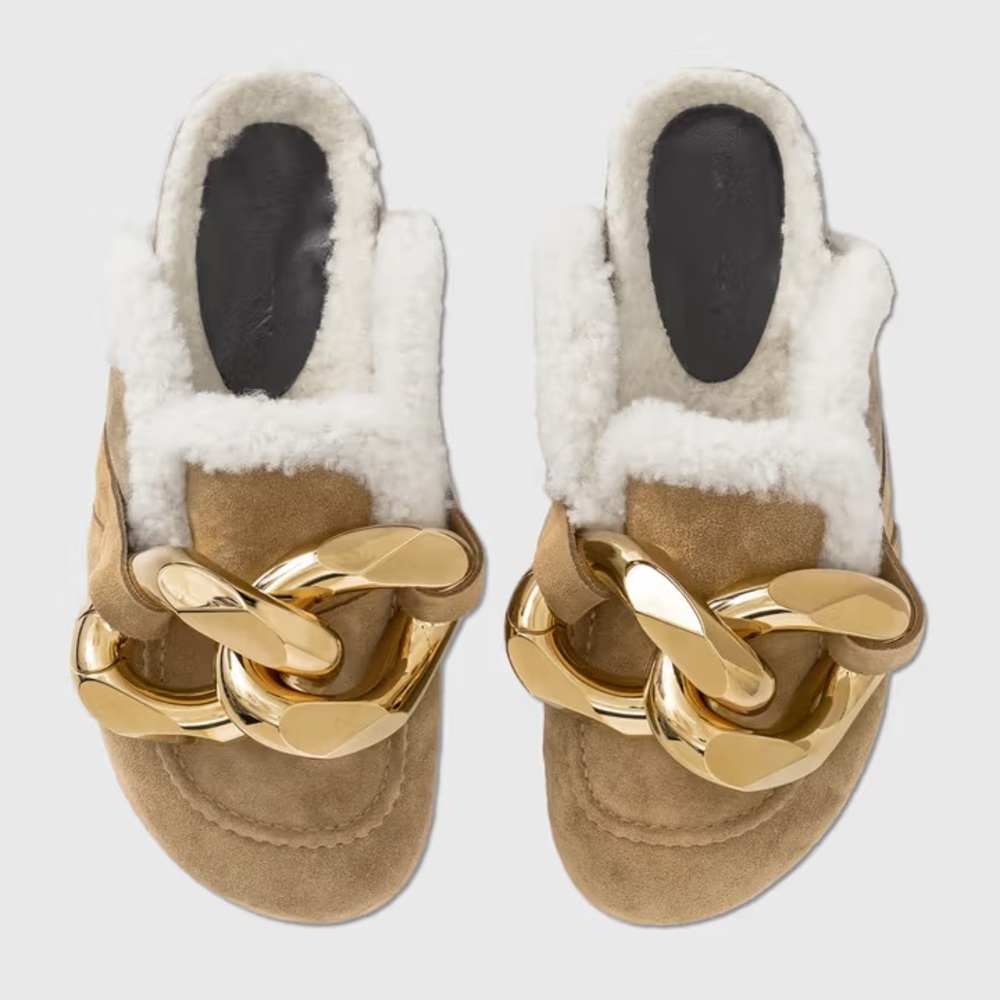 J.W. Anderson luxury gold chain link suede shearling mules